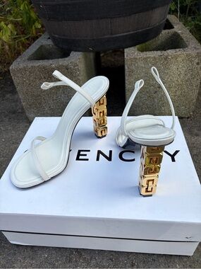 Brand new Givenchy White Leather Strappy Heels with Gold Logo Block Heels